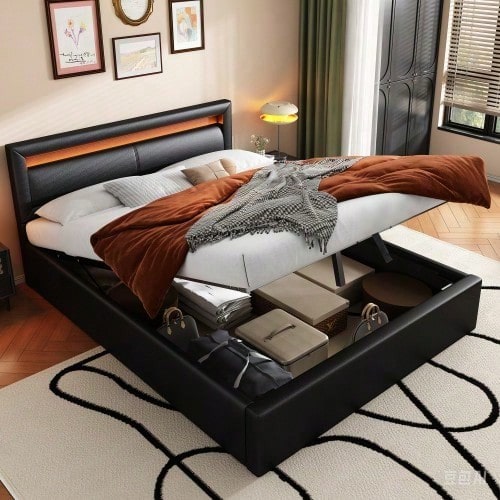 Polsterbett, LED-Bett, 140*200cm, mit Lattenrost und Stauraum, ohne Matratze, mit beleuchtetem Kopfteil in diversen Farben, Weiß,Kopfteil & Kunstleder