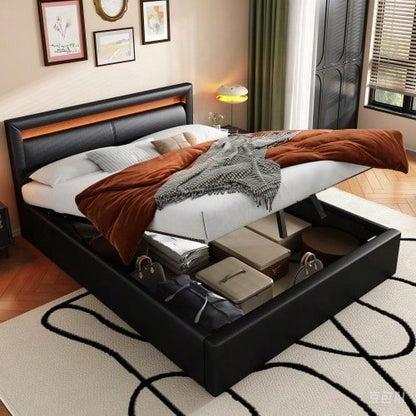 Polsterbett, LED-Bett, 140*200cm, mit Lattenrost und Stauraum, ohne Matratze, mit beleuchtetem Kopfteil in diversen Farben, Weiß,Kopfteil & Kunstleder