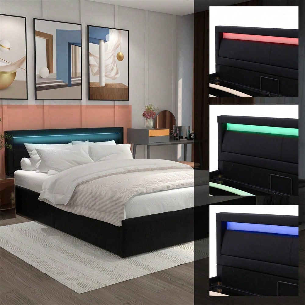 Polsterbett, LED-Bett, 140*200cm, mit Lattenrost und Stauraum, ohne Matratze, mit beleuchtetem Kopfteil in diversen Farben, Weiß,Kopfteil & Kunstleder