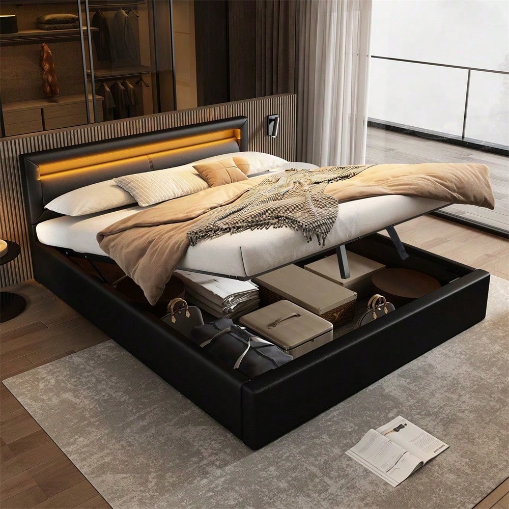 Polsterbett, LED-Bett, 140*200cm, mit Lattenrost und Stauraum, ohne Matratze, mit beleuchtetem Kopfteil in diversen Farben, Weiß,Kopfteil & Kunstleder