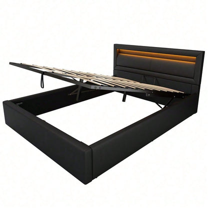 Polsterbett, LED-Bett, 140*200cm, mit Lattenrost und Stauraum, ohne Matratze, mit beleuchtetem Kopfteil in diversen Farben, Weiß,Kopfteil & Kunstleder