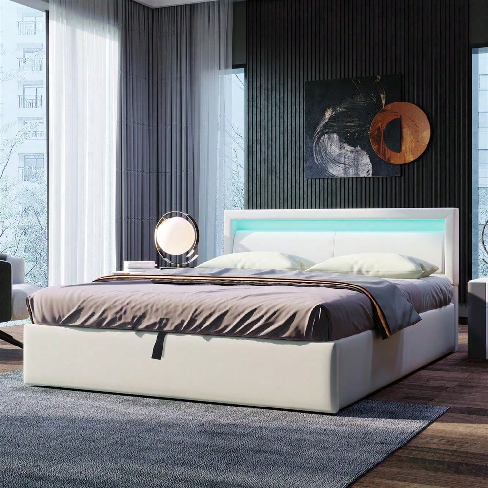 Polsterbett, LED-Bett, 140*200cm, mit Lattenrost und Stauraum, ohne Matratze, mit beleuchtetem Kopfteil in diversen Farben, Weiß,Kopfteil & Kunstleder