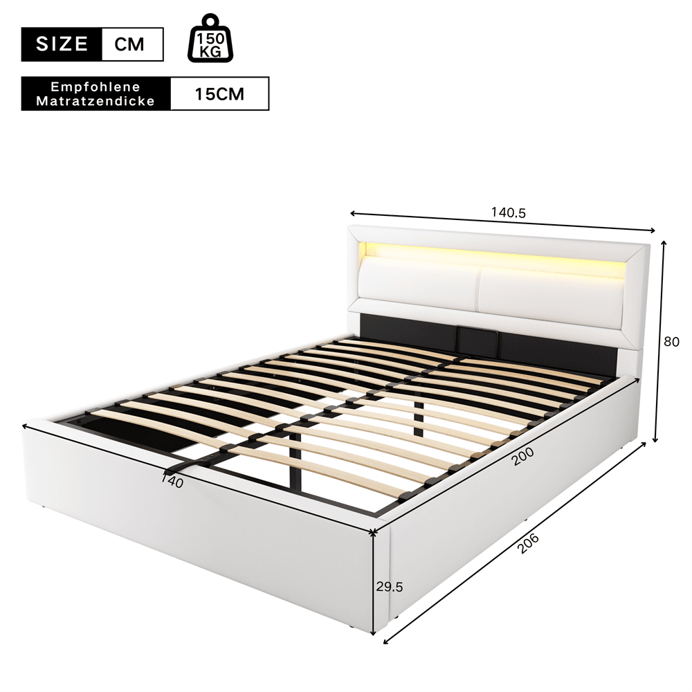 Polsterbett, LED-Bett, 140*200cm, mit Lattenrost und Stauraum, ohne Matratze, mit beleuchtetem Kopfteil in diversen Farben, Weiß,Kopfteil & Kunstleder