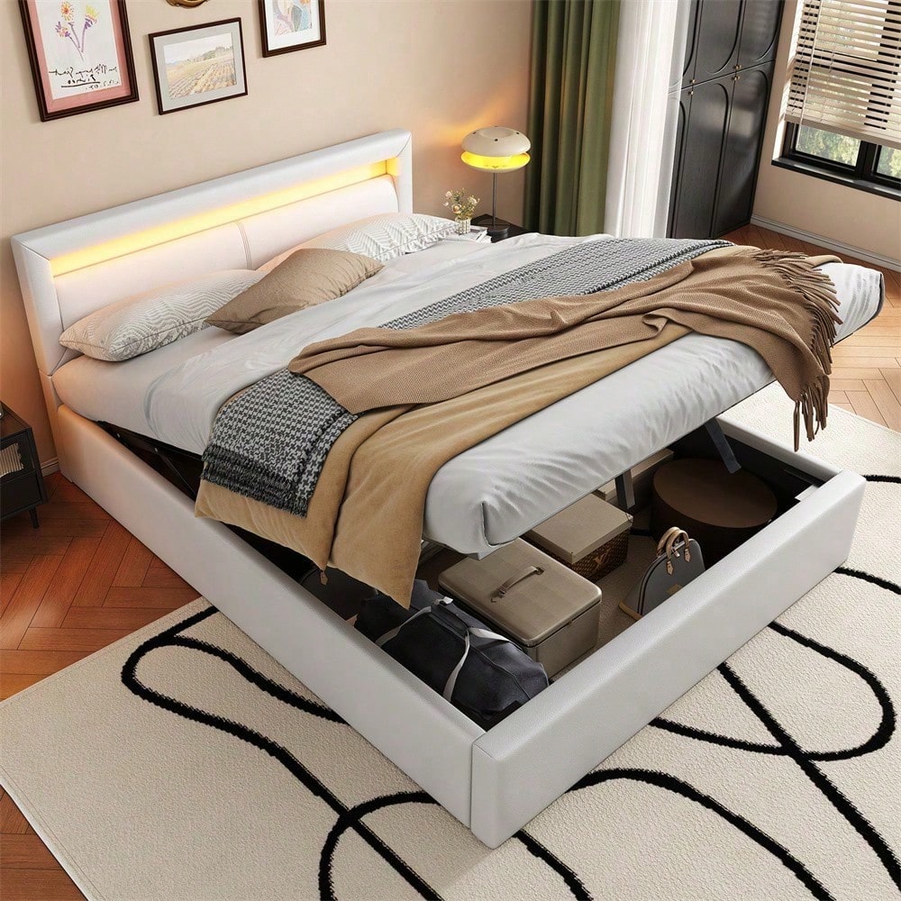 Polsterbett, LED-Bett, 140*200cm, mit Lattenrost und Stauraum, ohne Matratze, mit beleuchtetem Kopfteil in diversen Farben, Weiß,Kopfteil & Kunstleder