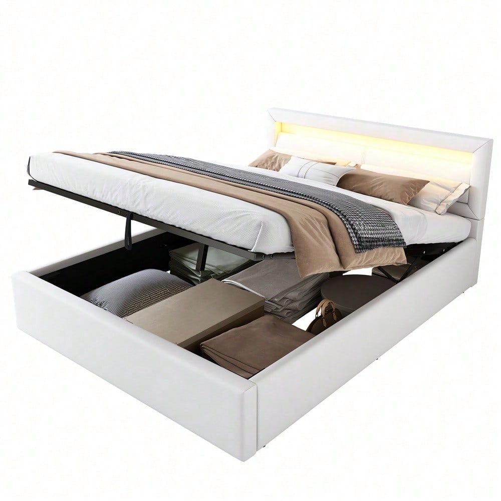 Polsterbett, LED-Bett, 140*200cm, mit Lattenrost und Stauraum, ohne Matratze, mit beleuchtetem Kopfteil in diversen Farben, Weiß,Kopfteil & Kunstleder