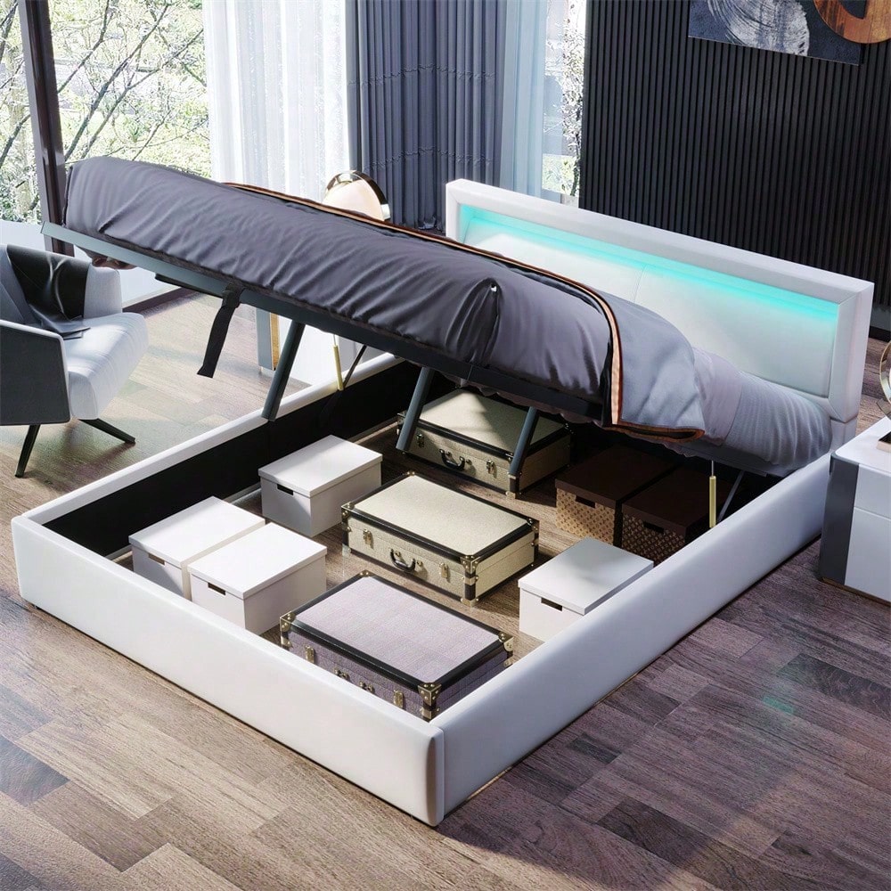 Polsterbett, LED-Bett, 140*200cm, mit Lattenrost und Stauraum, ohne Matratze, mit beleuchtetem Kopfteil in diversen Farben, Weiß,Kopfteil & Kunstleder