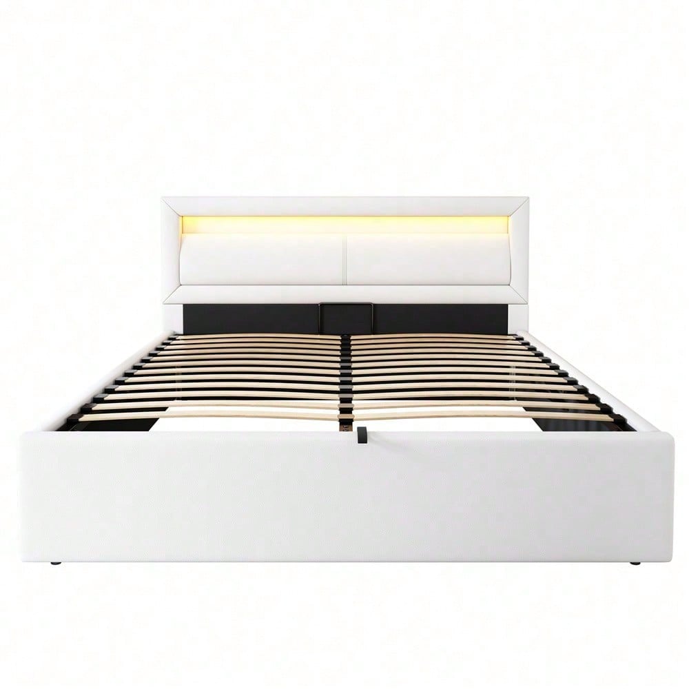 Polsterbett, LED-Bett, 140*200cm, mit Lattenrost und Stauraum, ohne Matratze, mit beleuchtetem Kopfteil in diversen Farben, Weiß,Kopfteil & Kunstleder