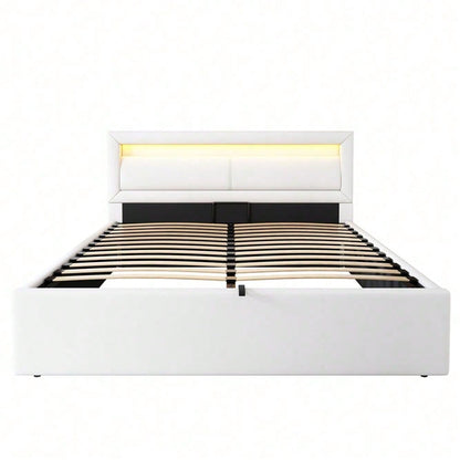Polsterbett, LED-Bett, 140*200cm, mit Lattenrost und Stauraum, ohne Matratze, mit beleuchtetem Kopfteil in diversen Farben, Weiß,Kopfteil & Kunstleder