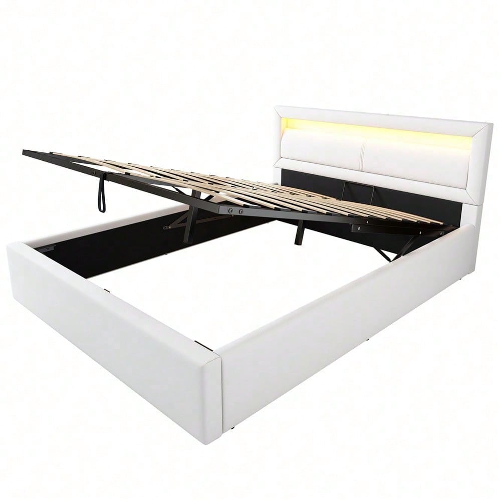 Polsterbett, LED-Bett, 140*200cm, mit Lattenrost und Stauraum, ohne Matratze, mit beleuchtetem Kopfteil in diversen Farben, Weiß,Kopfteil & Kunstleder