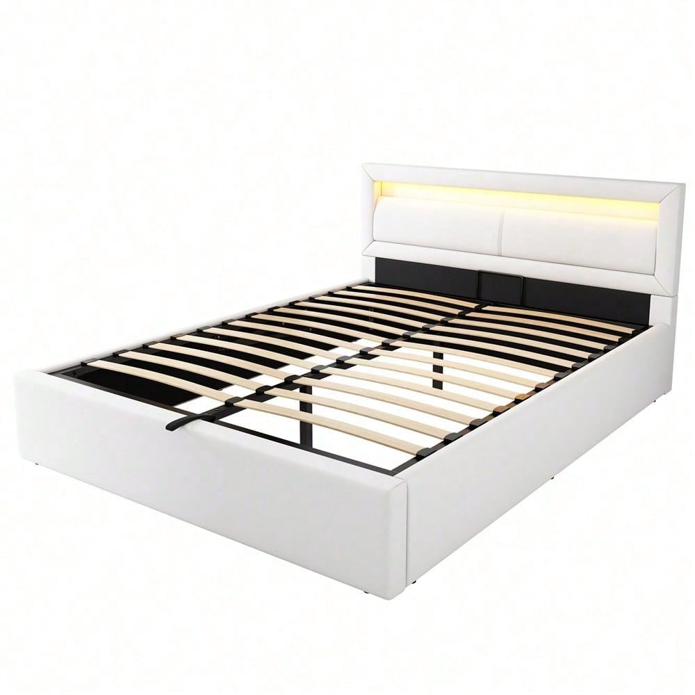 Polsterbett, LED-Bett, 140*200cm, mit Lattenrost und Stauraum, ohne Matratze, mit beleuchtetem Kopfteil in diversen Farben, Weiß,Kopfteil & Kunstleder