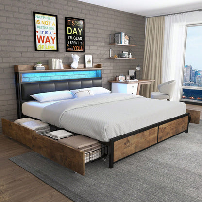 Polsterbett 140*200 mit Lattenrost, Kopfteil und 4 Schubladen – LED-Bett, Jugendbett für Erwachsene & Jugendliche, Aufbewahrungsfunktion, einfache Montage, PU, schwarz
