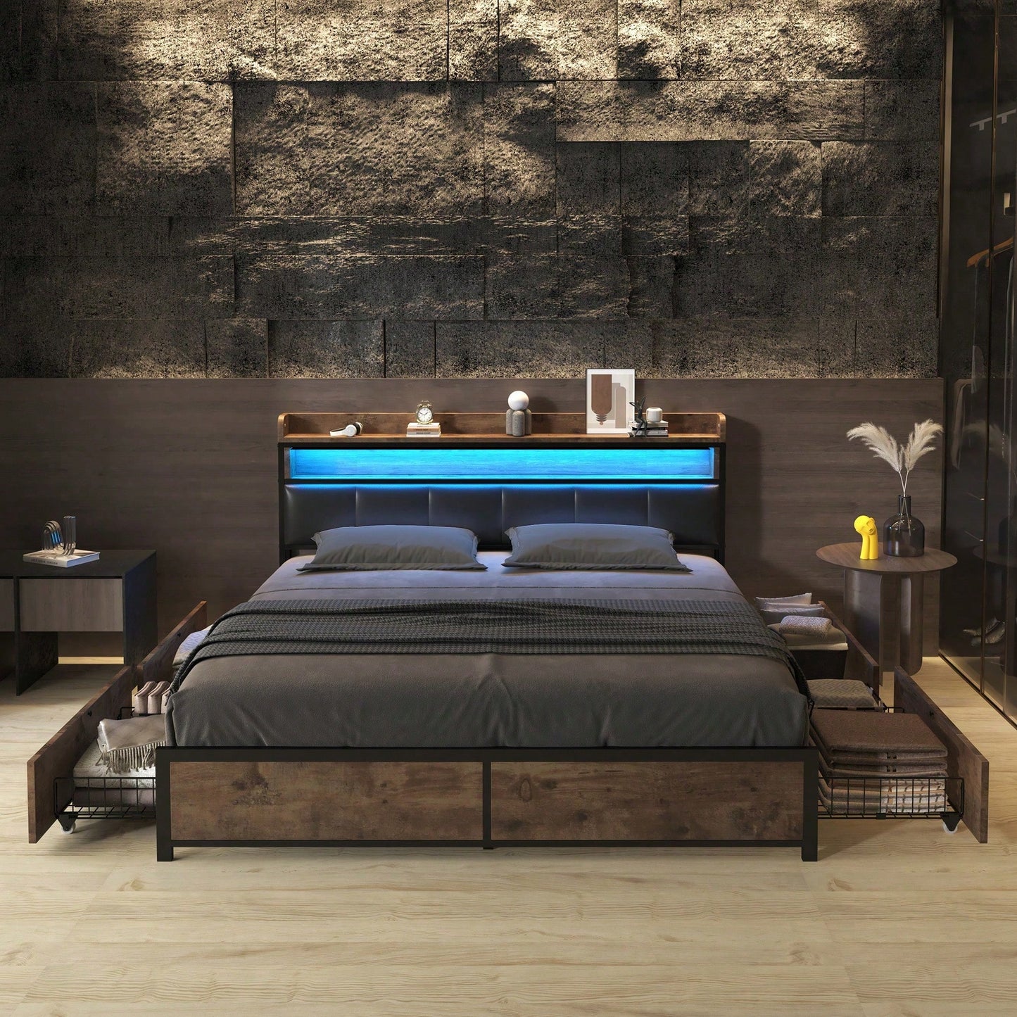 Polsterbett 140*200 mit Lattenrost, Kopfteil und 4 Schubladen – LED-Bett, Jugendbett für Erwachsene & Jugendliche, Aufbewahrungsfunktion, einfache Montage, PU, schwarz