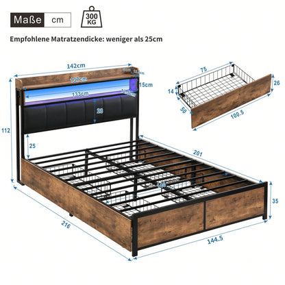 Polsterbett 140*200 mit Lattenrost, Kopfteil und 4 Schubladen – LED-Bett, Jugendbett für Erwachsene & Jugendliche, Aufbewahrungsfunktion, einfache Montage, PU, schwarz