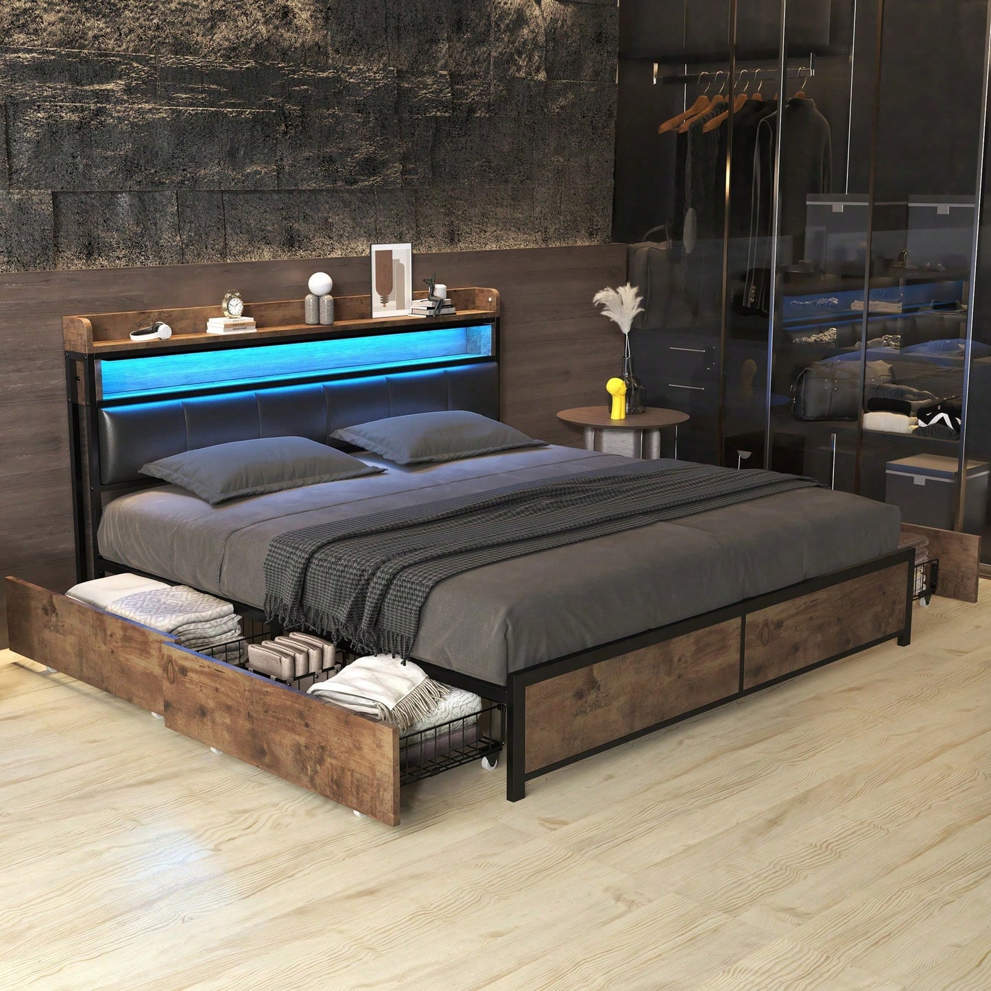 Polsterbett 140*200 mit Lattenrost, Kopfteil und 4 Schubladen – LED-Bett, Jugendbett für Erwachsene & Jugendliche, Aufbewahrungsfunktion, einfache Montage, PU, schwarz