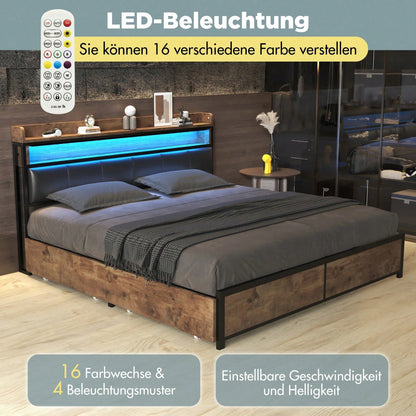 Polsterbett 140*200 mit Lattenrost, Kopfteil und 4 Schubladen – LED-Bett, Jugendbett für Erwachsene & Jugendliche, Aufbewahrungsfunktion, einfache Montage, PU, schwarz
