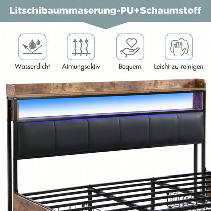 Polsterbett 140*200 mit Lattenrost, Kopfteil und 4 Schubladen – LED-Bett, Jugendbett für Erwachsene & Jugendliche, Aufbewahrungsfunktion, einfache Montage, PU, schwarz