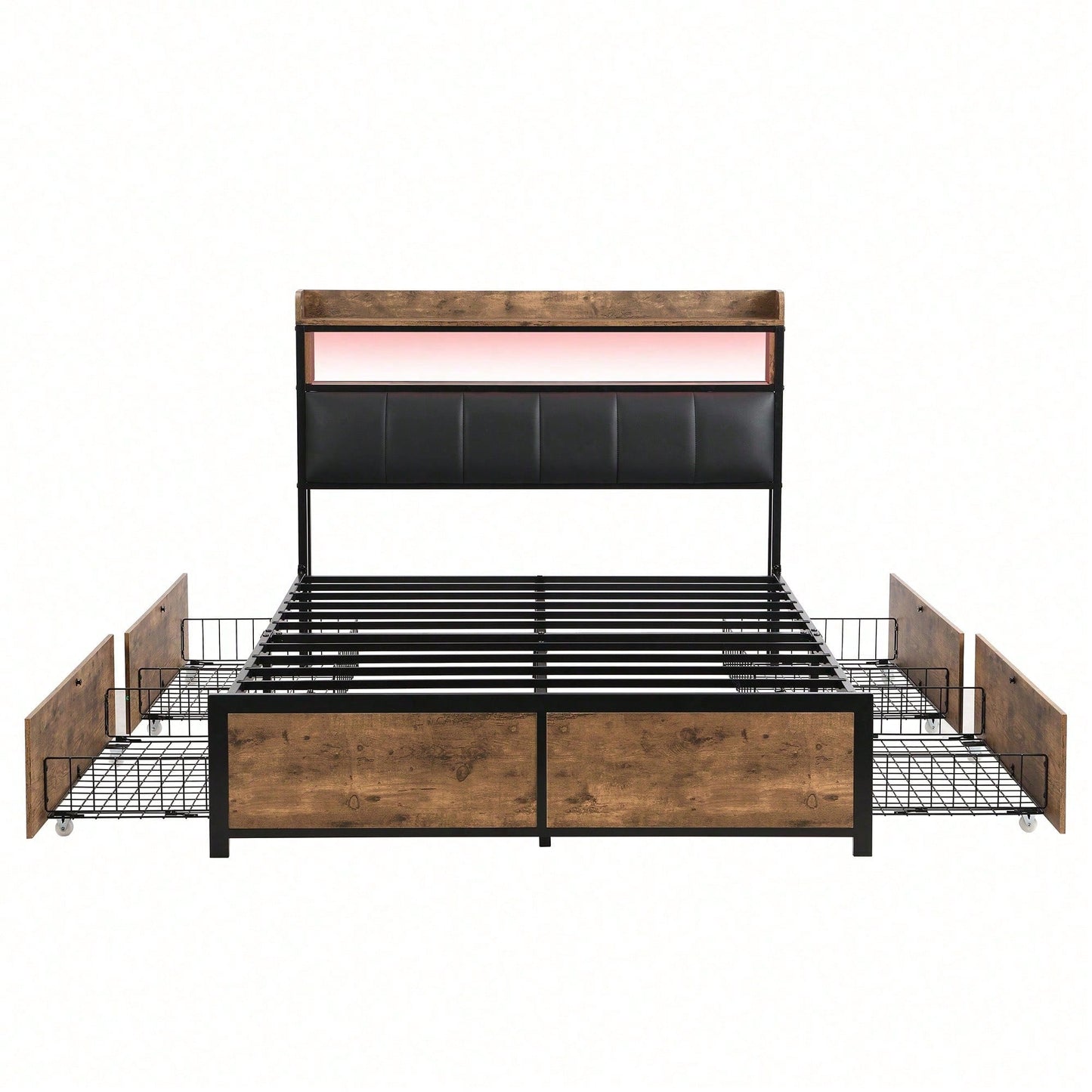 Polsterbett 140*200 mit Lattenrost, Kopfteil und 4 Schubladen – LED-Bett, Jugendbett für Erwachsene & Jugendliche, Aufbewahrungsfunktion, einfache Montage, PU, schwarz
