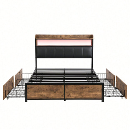 Polsterbett 140*200 mit Lattenrost, Kopfteil und 4 Schubladen – LED-Bett, Jugendbett für Erwachsene & Jugendliche, Aufbewahrungsfunktion, einfache Montage, PU, schwarz