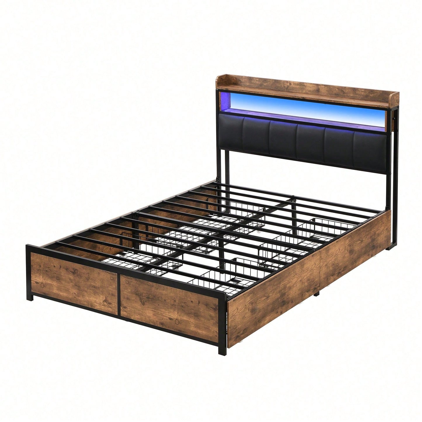 Polsterbett 140*200 mit Lattenrost, Kopfteil und 4 Schubladen – LED-Bett, Jugendbett für Erwachsene & Jugendliche, Aufbewahrungsfunktion, einfache Montage, PU, schwarz