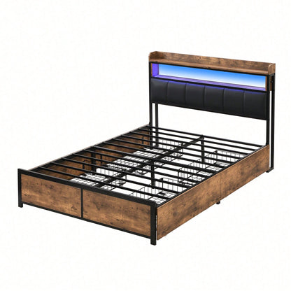 Polsterbett 140*200 mit Lattenrost, Kopfteil und 4 Schubladen – LED-Bett, Jugendbett für Erwachsene & Jugendliche, Aufbewahrungsfunktion, einfache Montage, PU, schwarz