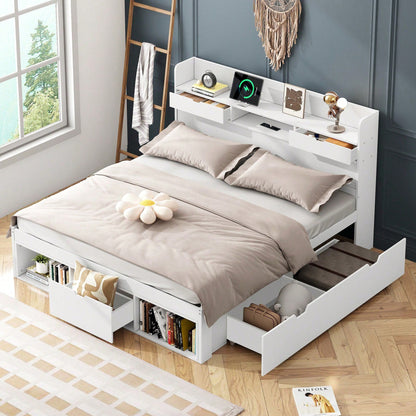 Doppelbett, 140*200cm, Mit USB-port & Schubladen & Stauschrank, Kinderbett, Jugendbett, Multifunktionales Bett, Großer Stauraum, ohne Matratze, weiß