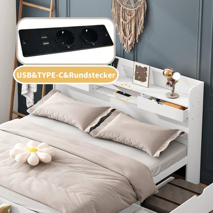 Doppelbett, 140*200cm, Mit USB-port & Schubladen & Stauschrank, Kinderbett, Jugendbett, Multifunktionales Bett, Großer Stauraum, ohne Matratze, weiß