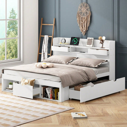 Doppelbett, 140*200cm, Mit USB-port & Schubladen & Stauschrank, Kinderbett, Jugendbett, Multifunktionales Bett, Großer Stauraum, ohne Matratze, weiß