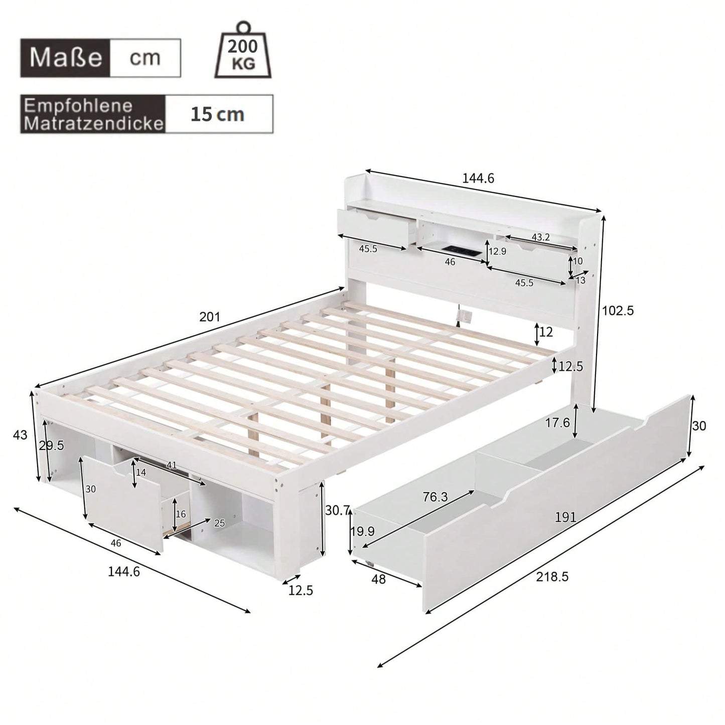Doppelbett, 140*200cm, Mit USB-port & Schubladen & Stauschrank, Kinderbett, Jugendbett, Multifunktionales Bett, Großer Stauraum, ohne Matratze, weiß