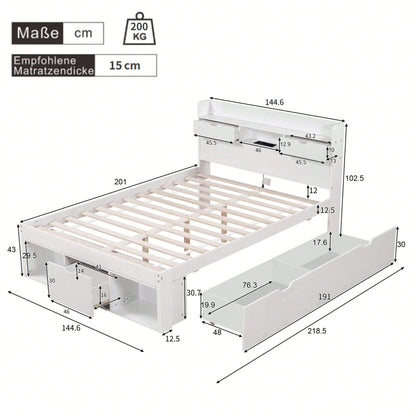 Doppelbett, 140*200cm, Mit USB-port & Schubladen & Stauschrank, Kinderbett, Jugendbett, Multifunktionales Bett, Großer Stauraum, ohne Matratze, weiß