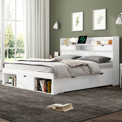 Doppelbett, 140*200cm, Mit USB-port & Schubladen & Stauschrank, Kinderbett, Jugendbett, Multifunktionales Bett, Großer Stauraum, ohne Matratze, weiß
