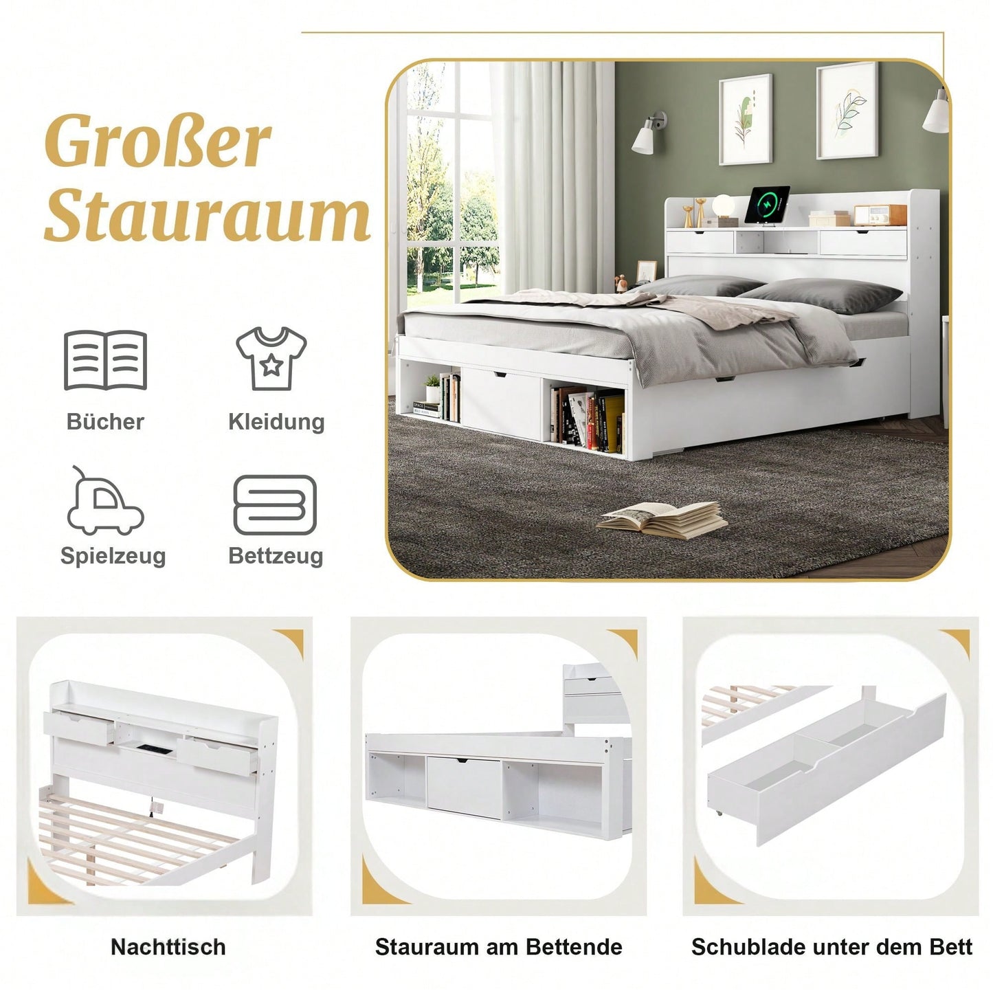 Doppelbett, 140*200cm, Mit USB-port & Schubladen & Stauschrank, Kinderbett, Jugendbett, Multifunktionales Bett, Großer Stauraum, ohne Matratze, weiß