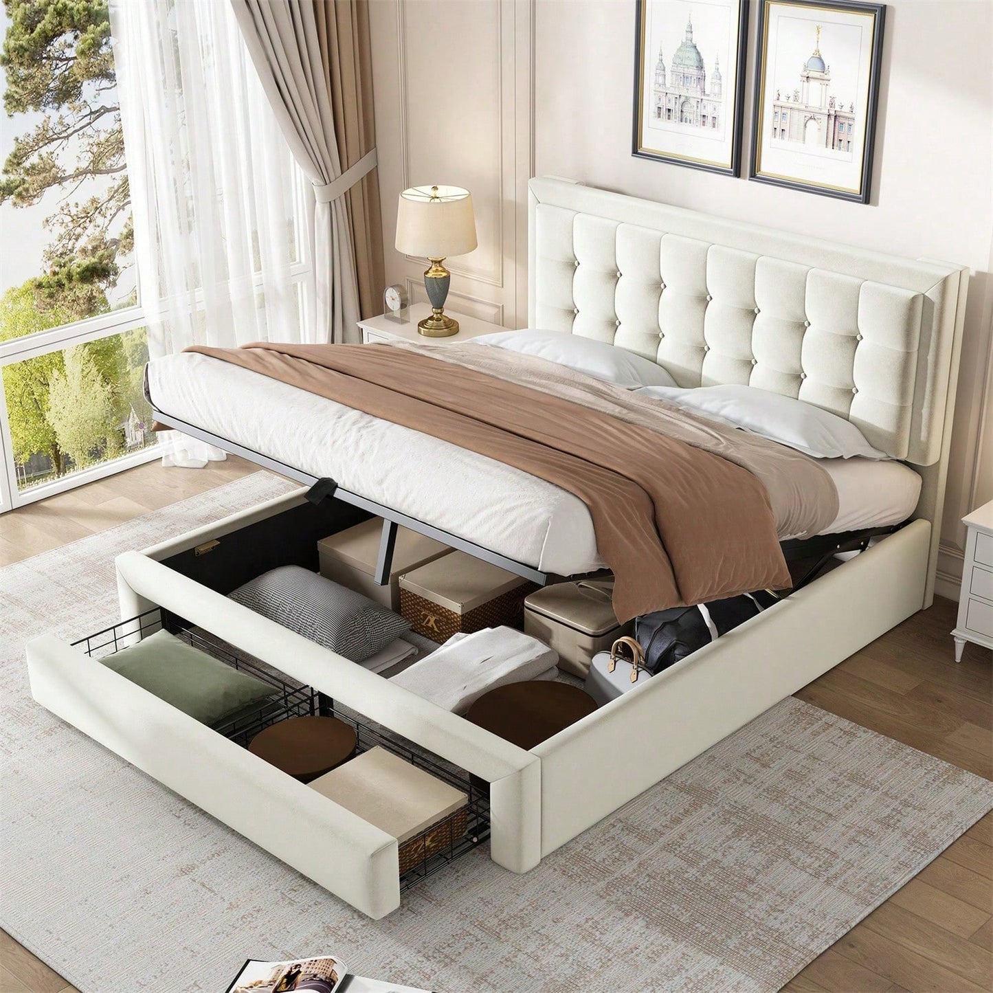 Lit rembourré 140*190 avec sommier à lattes et tête de lit, lit de rangement, lit rembourré hydraulique, lit double, avec 2 tiroirs, support de lattes en bois, velours, beige