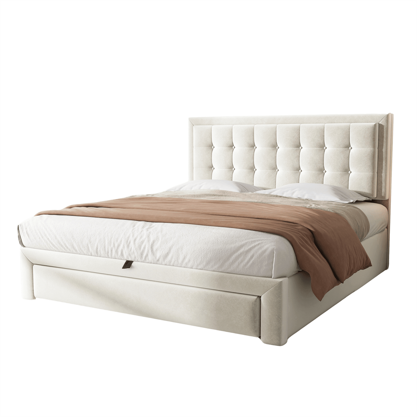 Lit rembourré 140*190 avec sommier à lattes et tête de lit, lit de rangement, lit rembourré hydraulique, lit double, avec 2 tiroirs, support de lattes en bois, velours, beige