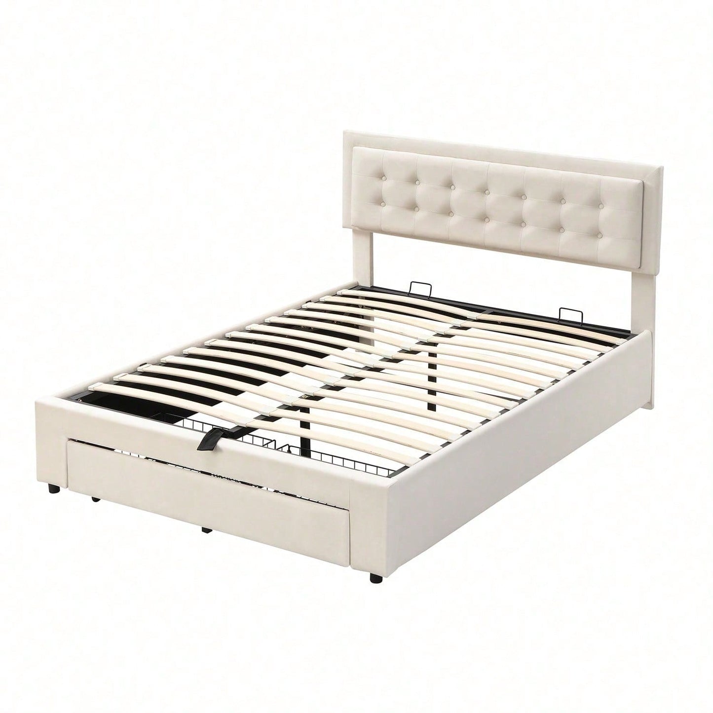 Lit rembourré 140*190 avec sommier à lattes et tête de lit, lit de rangement, lit rembourré hydraulique, lit double, avec 2 tiroirs, support de lattes en bois, velours, beige