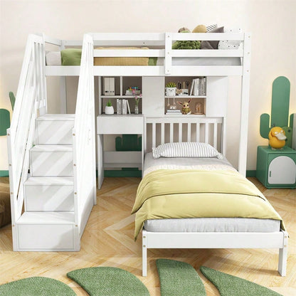 Etagenbett, Doppelbett, multifunktionales Kinderbett, Stauraumfunktion, mit Schreibtisch und Regale, mit Lattenrost, weiß, 90*200