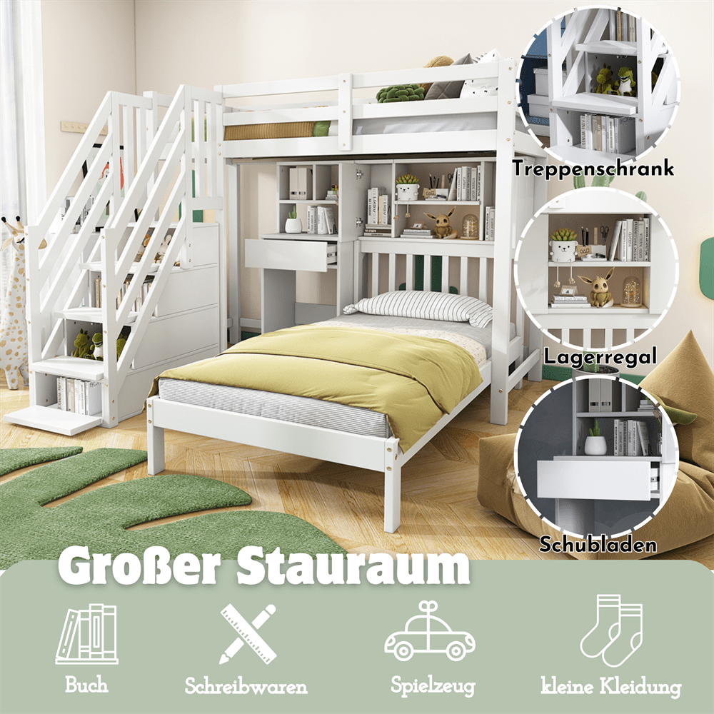 Etagenbett, Doppelbett, multifunktionales Kinderbett, Stauraumfunktion, mit Schreibtisch und Regale, mit Lattenrost, weiß, 90*200