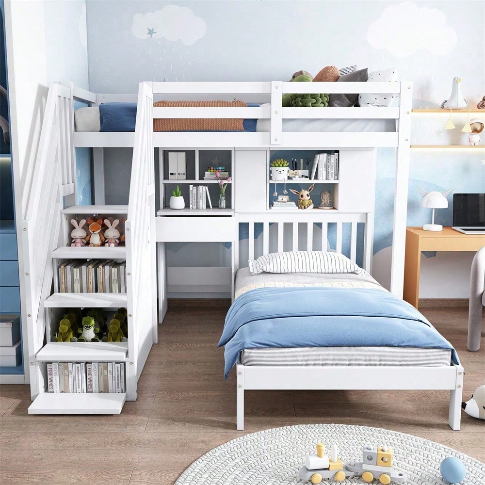Etagenbett, Doppelbett, multifunktionales Kinderbett, Stauraumfunktion, mit Schreibtisch und Regale, mit Lattenrost, weiß, 90*200