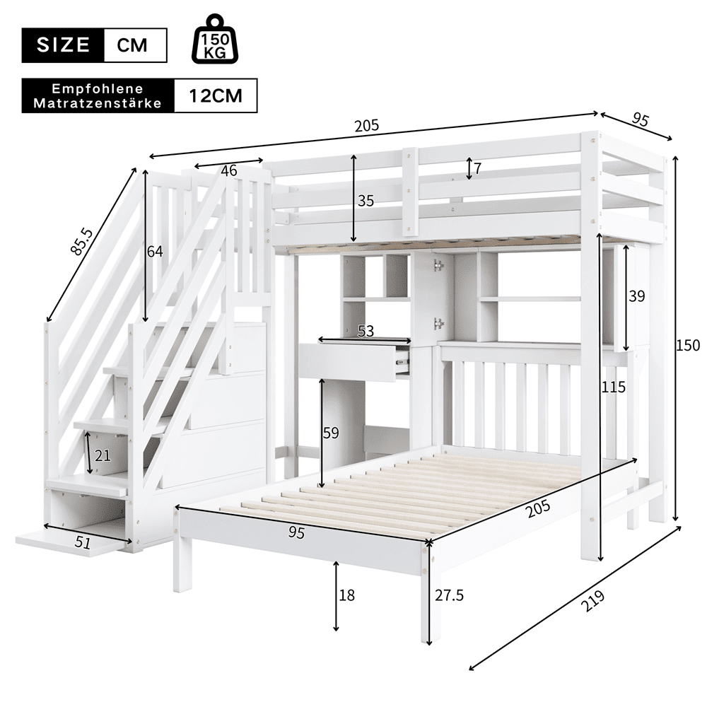 Etagenbett, Doppelbett, multifunktionales Kinderbett, Stauraumfunktion, mit Schreibtisch und Regale, mit Lattenrost, weiß, 90*200