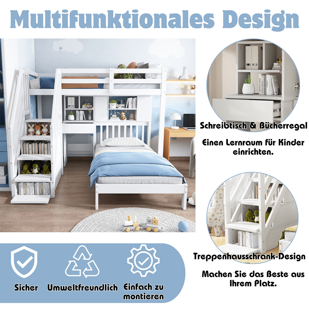 Etagenbett, Doppelbett, multifunktionales Kinderbett, Stauraumfunktion, mit Schreibtisch und Regale, mit Lattenrost, weiß, 90*200