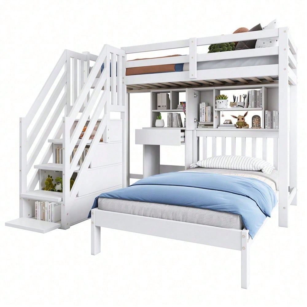 Etagenbett, Doppelbett, multifunktionales Kinderbett, Stauraumfunktion, mit Schreibtisch und Regale, mit Lattenrost, weiß, 90*200