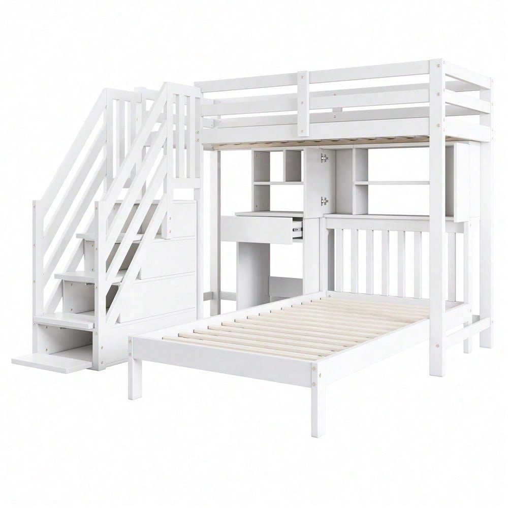 Etagenbett, Doppelbett, multifunktionales Kinderbett, Stauraumfunktion, mit Schreibtisch und Regale, mit Lattenrost, weiß, 90*200