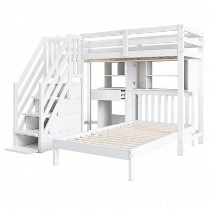 Etagenbett, Doppelbett, multifunktionales Kinderbett, Stauraumfunktion, mit Schreibtisch und Regale, mit Lattenrost, weiß, 90*200