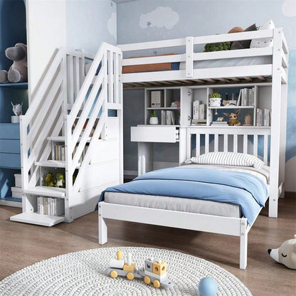 Etagenbett, Doppelbett, multifunktionales Kinderbett, Stauraumfunktion, mit Schreibtisch und Regale, mit Lattenrost, weiß, 90*200