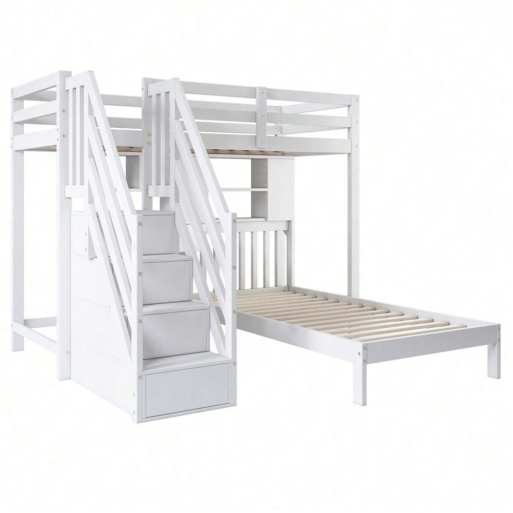 Etagenbett, Doppelbett, multifunktionales Kinderbett, Stauraumfunktion, mit Schreibtisch und Regale, mit Lattenrost, weiß, 90*200