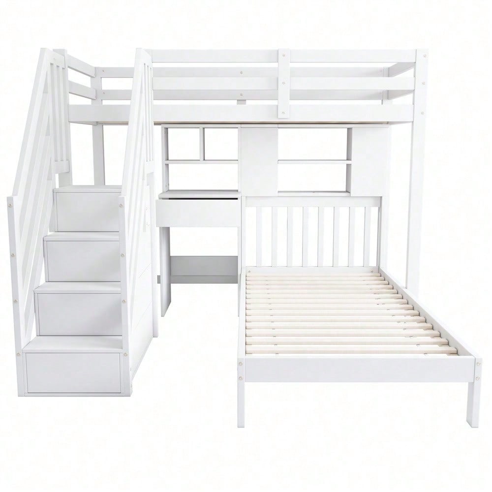 Etagenbett, Doppelbett, multifunktionales Kinderbett, Stauraumfunktion, mit Schreibtisch und Regale, mit Lattenrost, weiß, 90*200
