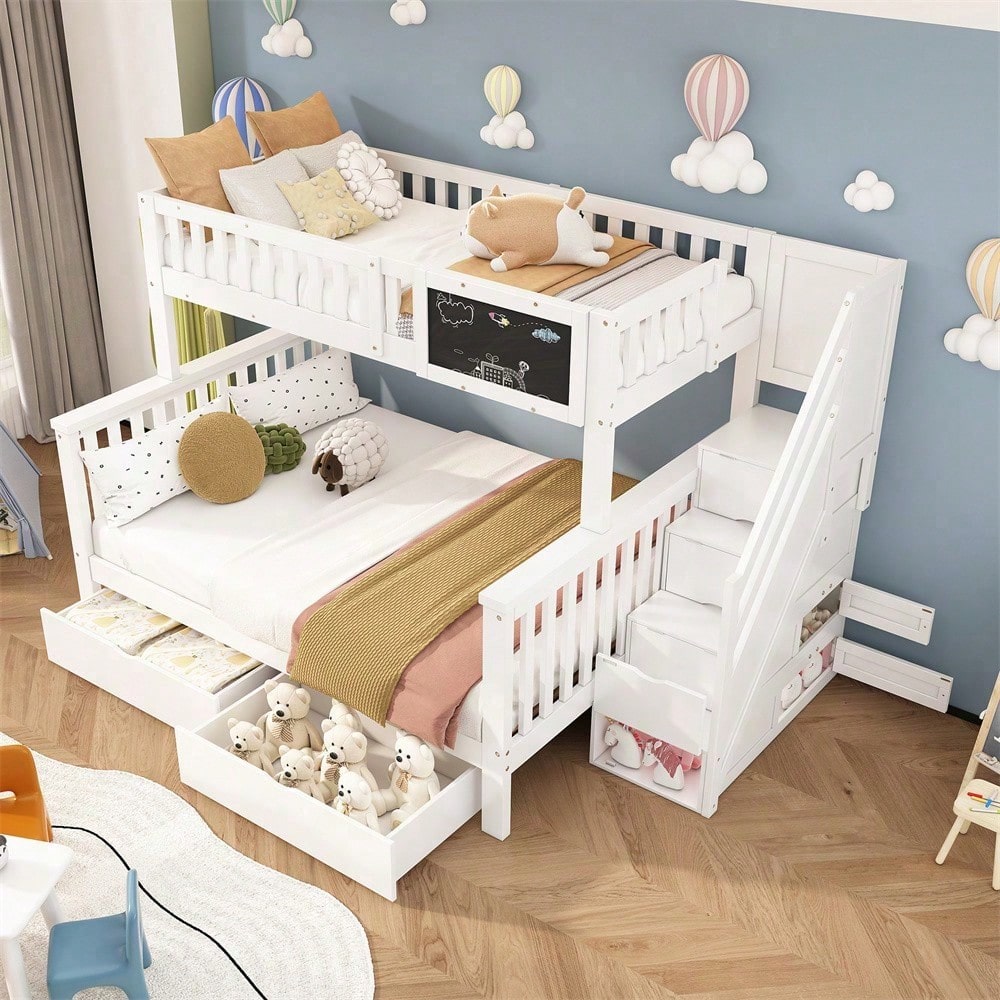 Kinder-Etagenbett, Doppelbett, multifunktionales Kinderbett, mit Tafel und Schubladen, ohne Matratze, weiß, 90*200