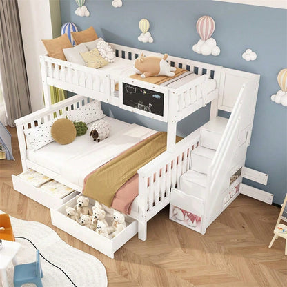 Kinder-Etagenbett, Doppelbett, multifunktionales Kinderbett, mit Tafel und Schubladen, ohne Matratze, weiß, 90*200