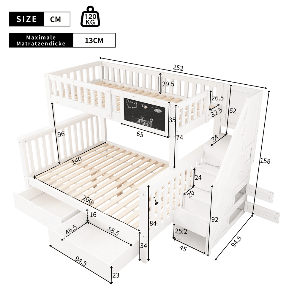 Kinder-Etagenbett, Doppelbett, multifunktionales Kinderbett, mit Tafel und Schubladen, ohne Matratze, weiß, 90*200