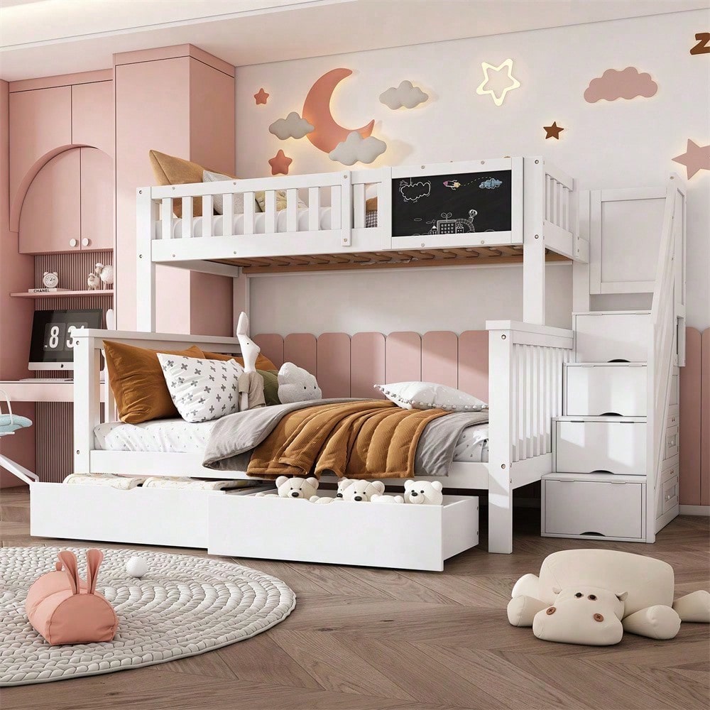 Kinder-Etagenbett, Doppelbett, multifunktionales Kinderbett, mit Tafel und Schubladen, ohne Matratze, weiß, 90*200