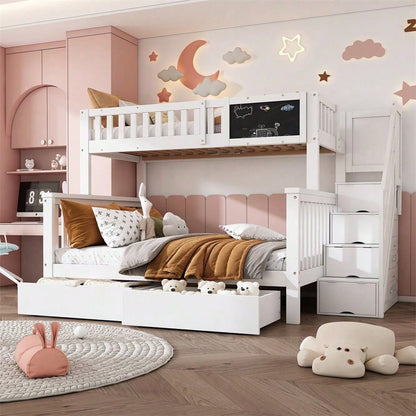 Kinder-Etagenbett, Doppelbett, multifunktionales Kinderbett, mit Tafel und Schubladen, ohne Matratze, weiß, 90*200